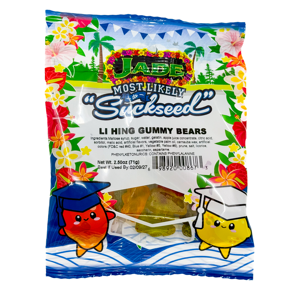 Jade Food Products Li Hing Gummy Bear Most Likely to Suckseed bag